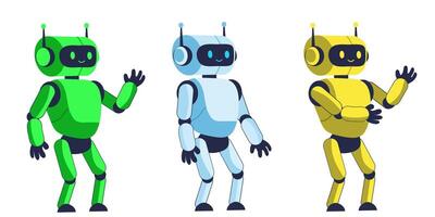 Set of three robots in green, blue, and yellow. These futuristic characters are designed in a flat 3D style with expressive gestures, perfect for tech-related projects, children's content vector