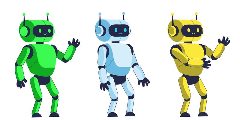 Set of three robots in green, blue, and yellow. These futuristic characters are designed in a flat 3D style with expressive gestures, perfect for tech-related projects, children's content