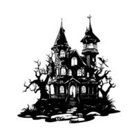 Silhouette Halloween house with bats flying around it and a pumpkin on the ground isolated on white background. vector