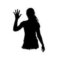 Silhouette of a woman raising her hand in greeting, isolated on a white background. The image conveys a welcoming or farewell gesture vector