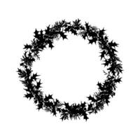 Circular black silhouette of holly wreath with intricate leaves and berries, on plain white background, concept of festive decoration vector