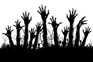 Multiple zombie hands reaching upward in black silhouette style on white background, symbolizing horror, fear, and the undead rising vector
