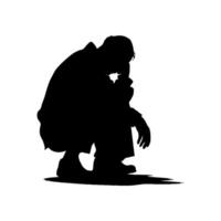 Silhouette of a crouched person resting their head on their hand, in a pensive pose, on a clean white background, concept of reflection. Concept of solitude and depression vector
