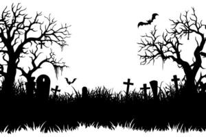 Spooky graveyard silhouette with bats and trees on white background. vector