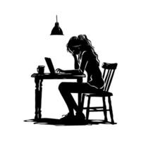 A woman working on a laptop at a table with a mug under a hanging lamp. Silhouette style on a white background. Concept of remote work and productivity vector