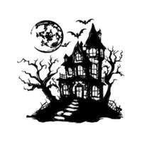 Halloween house with bats flying around it and a pumpkin on the ground. silhouette isolated on white background. vector