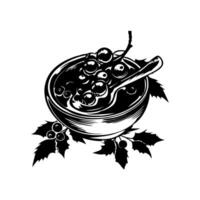 Illustration of a bowl with cranberry sauce and a spoon, surrounded by leaves, in black and white, on a plain white background, concept of nature vector
