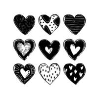 Collection of nine hand-drawn black hearts with unique patterns on a white background. Concept of love, romance, and creativity vector