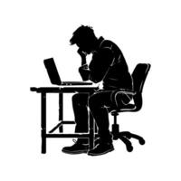 Silhouette of a person working on a laptop at a desk experiencing exhaustion, physical and mental fatigue. Burnout concept. vector