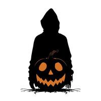 Silhouette person is holding a pumpkin with a smile on their face. illustration vector
