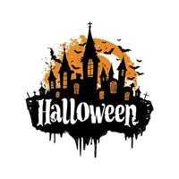 Illustration of a spooky castle with bats and a full moon in the background. Halloween-themed design. Black and orange color scheme on a white background vector