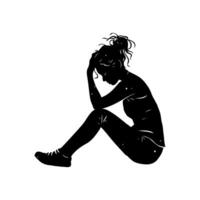 Silhouette of a sad woman sitting with head down, holding her head in distress on a white background. Concept of depression and loneliness vector