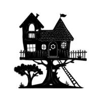 A black silhouette of a whimsical treehouse with a ladder, fence, and leafy tree, set on a white background, Concept of childhood playhouse vector