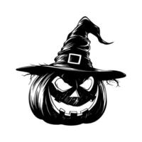 Halloween pumpkin with a witch's hat on top. The pumpkin has a scary face with a wicked grin and a wicked eye. silhouette isolated on white background. vector