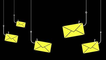 Yellow envelope hanging from a fishing hook on a transparent background. A visual metaphor for phishing email scams, fraud, and cybercrime threats in digital communications. video