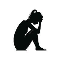 Black silhouette of a woman sitting with head in hands on white background. Concept of sadness, depression, loneliness, anxiety, despair, stress vector