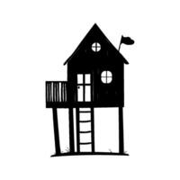 Black silhouette of a small treehouse with a ladder, balcony, and flag on a white background. Concept of childhood playhouse vector