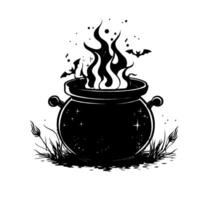 A black silhouette of a cauldron with swirling flames and flying bats, in hand-drawn style on a white background, depicting a magic potion theme vector
