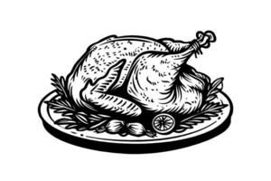Roasted turkey on a platter with garnish, black and white drawing style, detailed lines, isolated on a white background, food concept vector