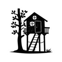 A black silhouette of a treehouse with a ladder and tree, minimalist design, isolated on a white background, concept of childhood adventure. Concept of childhood playhouse vector