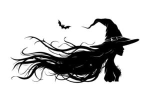 Halloween witch with long hair and a black hat is shown with a bat on white background. The image has a spooky and mysterious mood. illustration vector