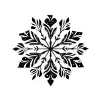 Black ornamental Christmas snowflake with botanical elements on white background. vector