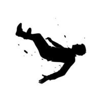 Black silhouette of a man falling backward in dramatic motion, isolated on a white background. Concept of danger, loss of control, or crisis vector