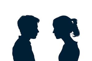 Silhouette of a man and woman in profile facing each other, minimalistic style, white background, concept of communication or dialogue vector