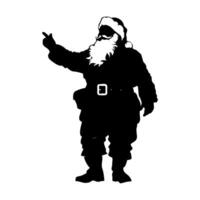 A black silhouette of Santa Claus pointing, minimalist style, on a white background, concept of holiday cheer. vector