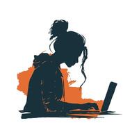 Silhouette of a woman typing on a laptop on a white background. Concept of technology, work, or study vector