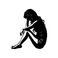 Woman sitting with head in hands, silhouette style, on white background, concept of sadness vector