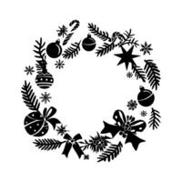 Decorative Christmas wreath in black silhouette with ornaments, pine branches, and stars on a white background, festive design vector