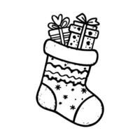 Christmas stocking with stars and zigzag pattern, filled with presents, hand-drawn style on white background, festive holiday concept vector