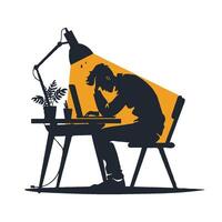 Silhouette of a stressed person working at a desk under a lamp light. Minimalist graphic style on a white background. Concept of workplace stress vector