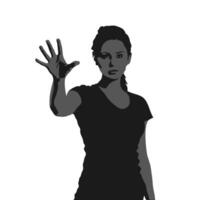 A woman with a raised hand in silhouette style on a plain background, conveying a sense of warning or stop. vector