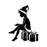 Silhouette of Christmas elf holding a gift box, standing near two more boxes on a white background, representing holiday cheer and festivity vector