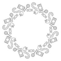 Delicious candy round frame doodle sketch style. vector
