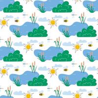 Lake with reeds and flying insects on clear sunny day background vector