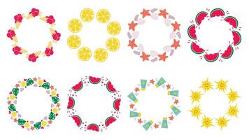 Set of round frames made of colorful fruits, shells and sun vector