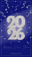 Happy New Year 2026. Vertical greeting card. New modern 3d design. White silver 2026 with on dark blue textile background. Template for New Year banners, flyers, greeting cards vector