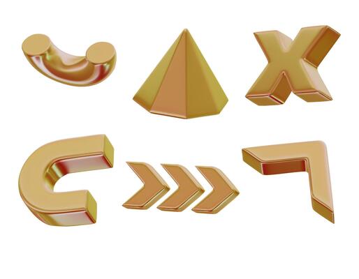 3D realistic render gold figures. Yellow metallic design objects. decorative geometric shapes. Pyramid, Arrows, Cross, Half of torus. Isolated on a white background