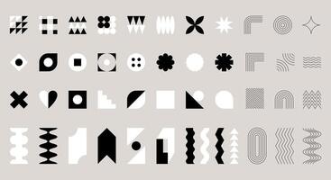 Geometric shapes collection. Brutalism, Swiss minimalism, Bauhaus style. Simple flat and outline design elements. Black and white monochrome objects isolated on grey. Ediatble strokes. vector