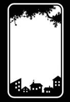 illustration of a frame surrounded by plants and city, phone frame , social media frame vector