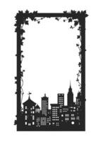 illustration of a frame surrounded by plants and city, phone frame , social media size vector