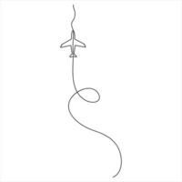 Continuous line drawing Air plane taking off with a streamline trail line art isolated vector