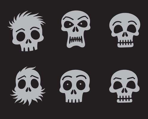 a set of skulls with different facial expressions black background