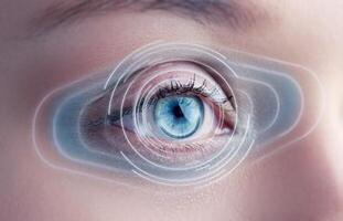 Digital eye interface technology showing futuristic enhancements in a close-up of a human eye with blue iris pattern photo