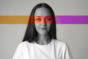 Unique artistic portrait of a woman with colorful overlays in a minimalist setting photo