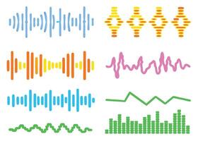 Colorful sound wave icons illustrate digital audio, music, and technology with a vibrant equalizer graph design vector