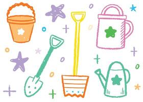 A vibrant set of cartoon icons illustrating various objects like a pink flower, a birthday cake, and a water bucket vector
